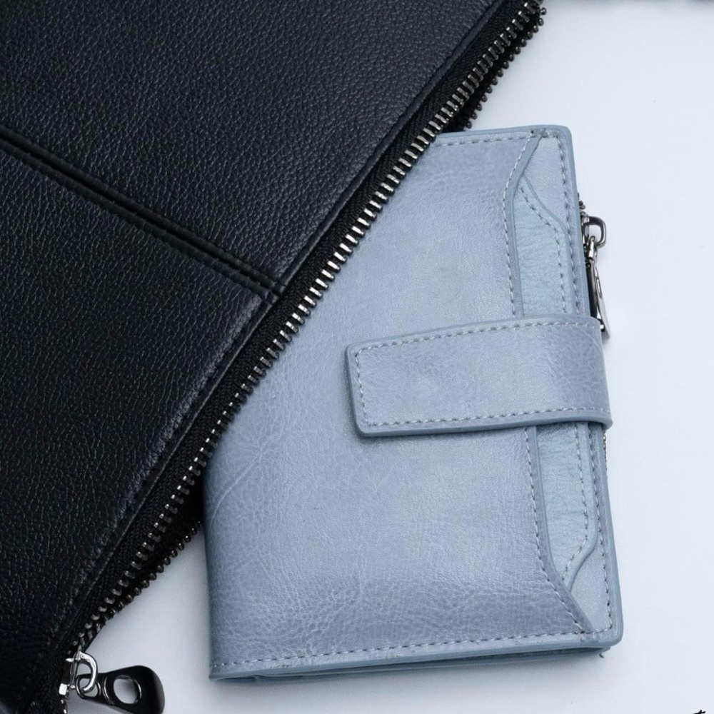 Stylish Light Blue leather RFID blocking bifold zipper wallet card